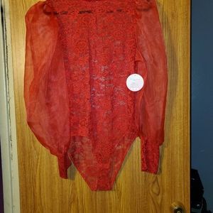 Full circle red lace sheer sleeve bodysuit